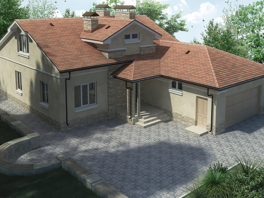 3d render of an architectural project of a country house in the forest. Country house with a red roof 3d render of an architectural project of a country house in the forest. Country house with a red roof